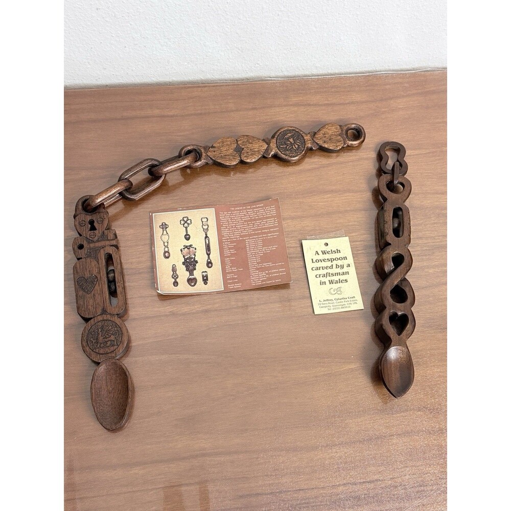 2 Vintage Hand-Carved Wooden Welsh Lovespoons Folk Art Hearts Rolling Ball